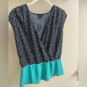 Ann Taylor Black & Green Faux Wrap Sleeveless Top Blouse Woman Size S